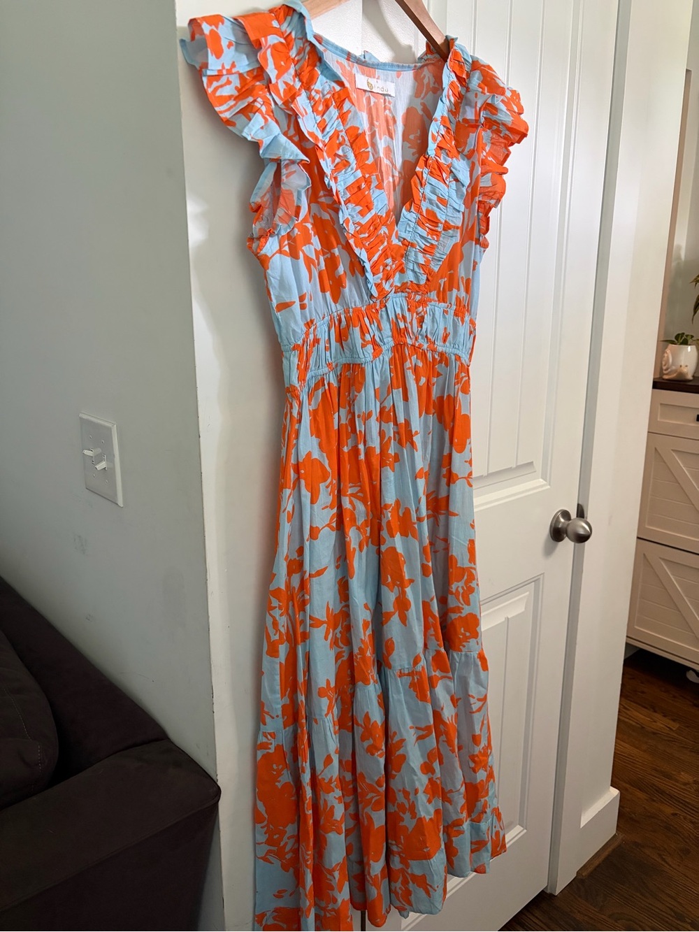 Bindu Of India Boho Block Print Floral Tiered Ruffle Maxi Dress S